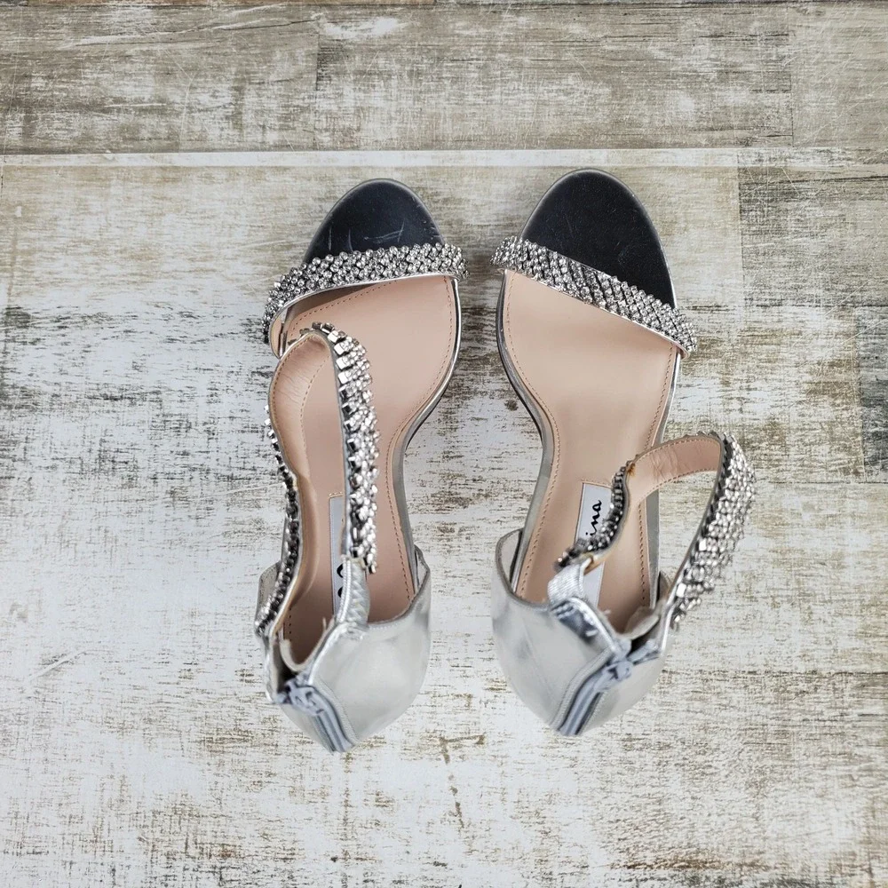 Nina Vauna Womens Sandals Sz 11 M Silver Rhinestone Ankle Strap Zip Kitten Heel